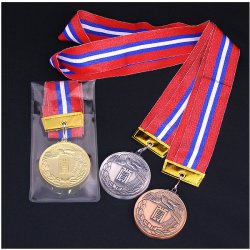 KMメダル-Y型 φ60mmメダル　ビニールケース入り　V形リボン付き：大会の記念に１個から販売、金メダル・銀メダル・銅メダル、優勝メダル